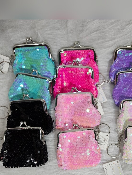 Princess Accessories Accessories - TINY Sequin Kiss-Lock Coin Purse Keychain/Charms - Pinks,purple,green,black